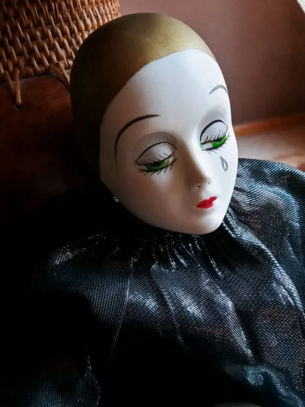 Stunning Vintage Pierrot Porcelain Clown Doll Black Silver Costume Teardrop Face